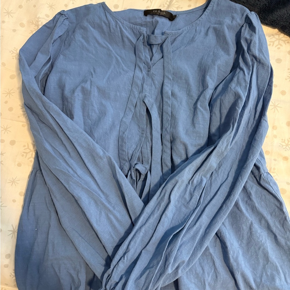 Blue Long Sleeve Bow Blouse